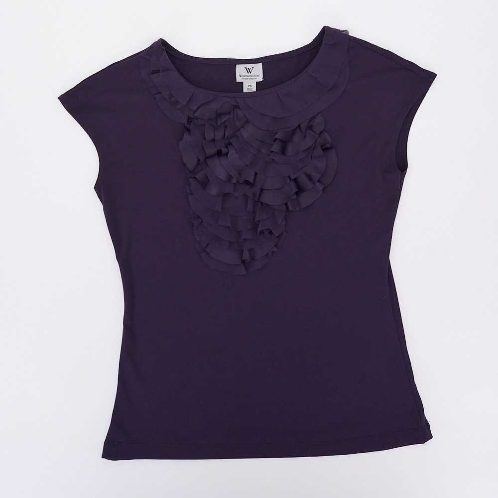 Worthington Deep Plum Ruffle Front Top Cap Sleeve Stretch Petite Small